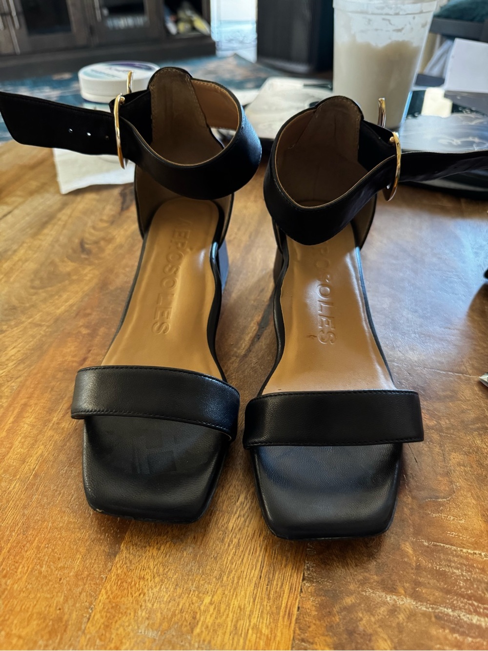 AEROSOLES Black Square-Toe Ankle Strap Heels with Gold Buckles